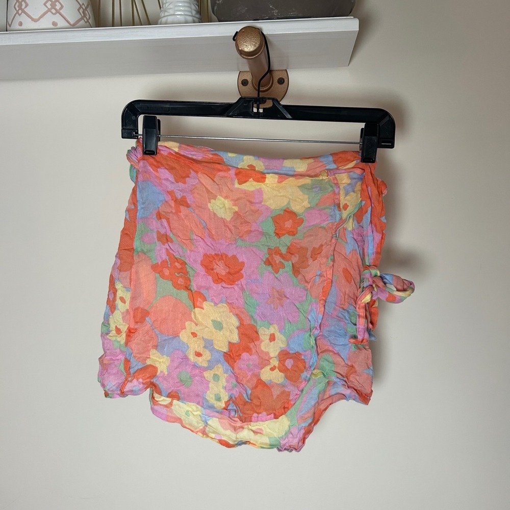 Billabong Floral Wrap Skirt Pastel Multi Color Ruffle Side Tie Mini‎ Large